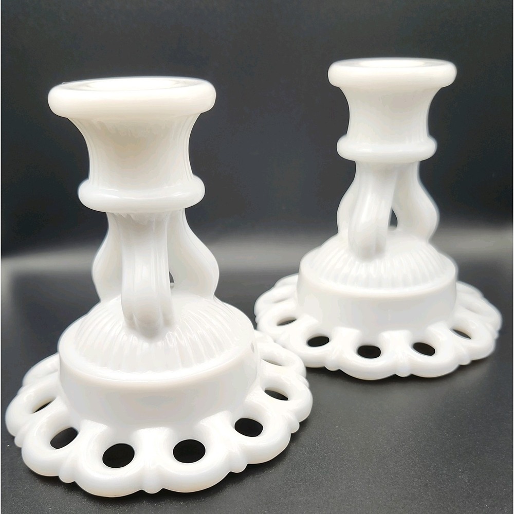 Vintage Set of 2 Westmoreland Milk Glass Candlesticks - White Lace Edge